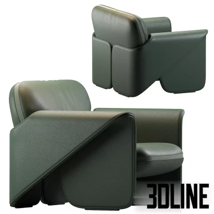 Photorealistic 3D model of the De Sede DS 125 armchair, a sculptural chair in dark green leather, defined by its layered, folding design that forms the seat and armrests.