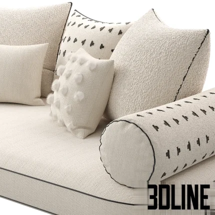 Detailed 3D model set of decorative throw pillows and a bolster cushion, featuring textured bouclé fabric, embroidered patterns, and black contrasting piping detail.