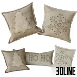 3D model set of three beige velvet throw pillows decorated with gold metal studs forming a Christmas tree, a snowflake, and "HO HO HO" text.