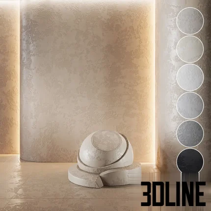 High-resolution 3D texture set of decorative concrete plaster, showcasing seamless variations in white, beige, grey, and black tones applied to curved walls and material spheres.