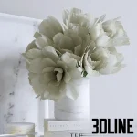 Detailed 3D model of a neutral-toned kitchen decorative set including marble serving trays, a white marble bowl filled with yellow pears, and a bouquet of white flowers.