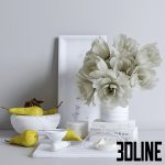 Detailed 3D model of a neutral-toned kitchen decorative set including marble serving trays, a white marble bowl filled with yellow pears, and a bouquet of white flowers.