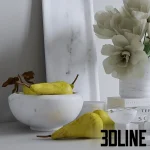 Detailed 3D model of a neutral-toned kitchen decorative set including marble serving trays, a white marble bowl filled with yellow pears, and a bouquet of white flowers.