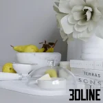 Detailed 3D model of a neutral-toned kitchen decorative set including marble serving trays, a white marble bowl filled with yellow pears, and a bouquet of white flowers.