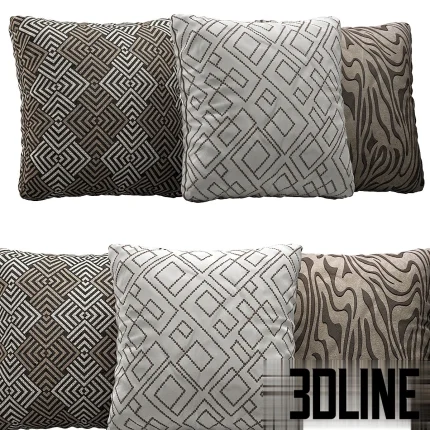 3D model set of Decorative Pillow 74, featuring three distinct cushion designs: a brown geometric diamond pattern, a white dotted square pattern, and a beige/brown abstract animal print.
