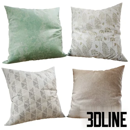 3D model set of four Decorative Pillows (Set 157), featuring diverse designs including a sage green textured solid, a white pillow with botanical fern prints, a geometric triangle pattern, and a beige herringbone texture.