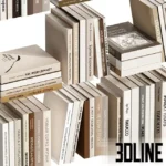 3D model set of decorative books with Russian titles in a neutral beige and brown color palette, arranged in stacks and rows for shelf styling.