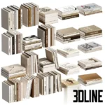 3D model set of decorative books with Russian titles in a neutral beige and brown color palette, arranged in stacks and rows for shelf styling.