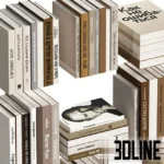 3D model set of decorative books with Russian titles in a neutral beige and brown color palette, arranged in stacks and rows for shelf styling.