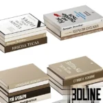3D model set of decorative books with Russian titles in a neutral beige and brown color palette, arranged in stacks and rows for shelf styling.