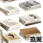 3D model set of decorative books with Russian titles in a neutral beige and brown color palette, arranged in stacks and rows for shelf styling.