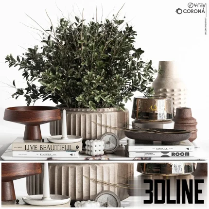 Detailed 3D model of a comprehensive decorative set, including a large shrub plant in a fluted ceramic pot, coffee table books, decorative bowls, and small ceramic vases.