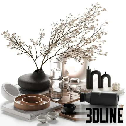 High-detail 3D model of Decorative Set 099, featuring a black organic vase with delicate flowering branches, a clear glass water pitcher with stacked glasses, wooden trays, books, and abstract black candle sculptures.