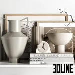 Detailed 3D model set of neutral shelf decor featuring a large ceramic vase with fluffy pampas grass, various small geometric vases, and stacks of coffee table books.