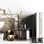 Detailed 3D model set of neutral shelf decor featuring a large ceramic vase with fluffy pampas grass, various small geometric vases, and stacks of coffee table books.