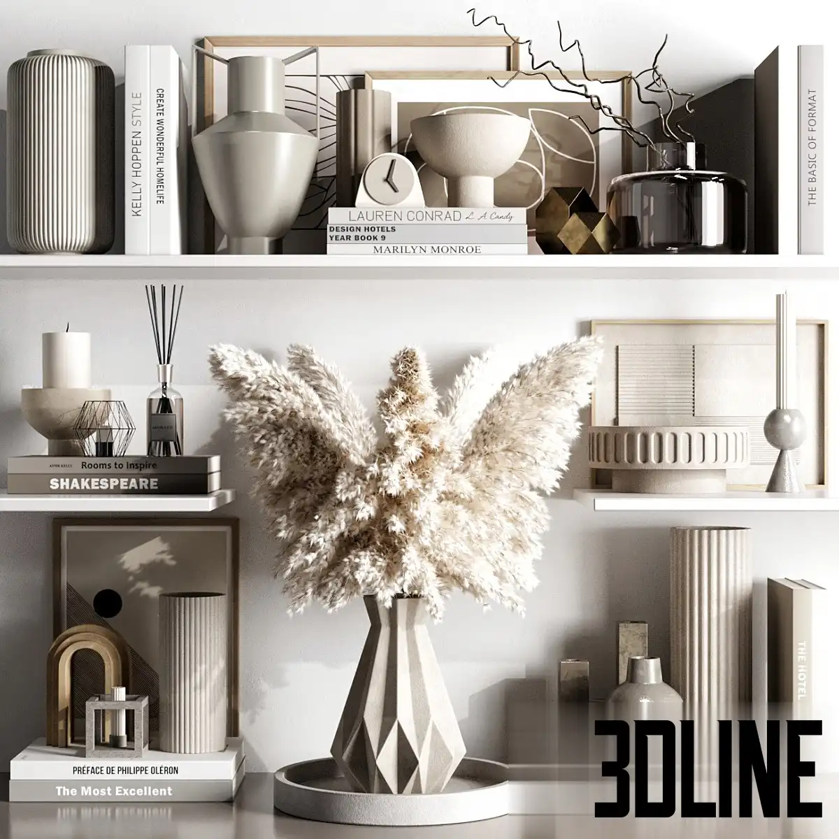 Decorative Set 041 3D Model: Pampas Grass, Ceramic Vases, and Coffee Table Books Detailed 3D model set of neutral shelf decor featuring a large ceramic vase with fluffy pampas grass, various small geometric vases, and stacks of coffee table books.