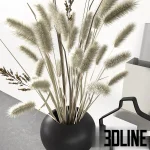 3D model of a modern decorative set featuring a black vase with tall dried grass, a wireframe body sculpture, design books, candles, and minimalist ceramic vases on a tray.