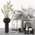 3D model of a modern decorative set featuring a black vase with tall dried grass, a wireframe body sculpture, design books, candles, and minimalist ceramic vases on a tray.