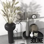 3D model of a modern decorative set featuring a black vase with tall dried grass, a wireframe body sculpture, design books, candles, and minimalist ceramic vases on a tray.