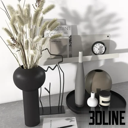 3D model of a modern decorative set featuring a black vase with tall dried grass, a wireframe body sculpture, design books, candles, and minimalist ceramic vases on a tray.