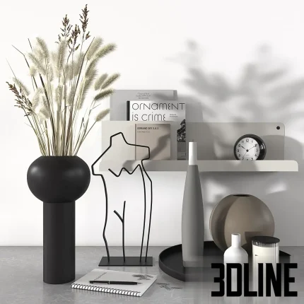 3D model of a modern decorative set featuring a black vase with tall dried grass, a wireframe body sculpture, design books, candles, and minimalist ceramic vases on a tray.