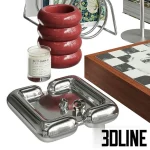 High-resolution 3D model of an eclectic decorative set featuring a chrome mushroom lamp, art books, red ceramic rings, and a checkered Fornasetti-style box