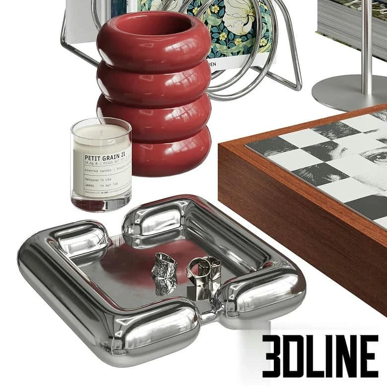 High-resolution 3D model of an eclectic decorative set featuring a chrome mushroom lamp, art books, red ceramic rings, and a checkered Fornasetti-style box