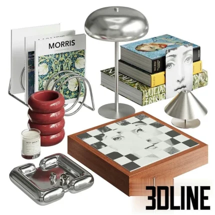 High-resolution 3D model of an eclectic decorative set featuring a chrome mushroom lamp, art books, red ceramic rings, and a checkered Fornasetti-style box