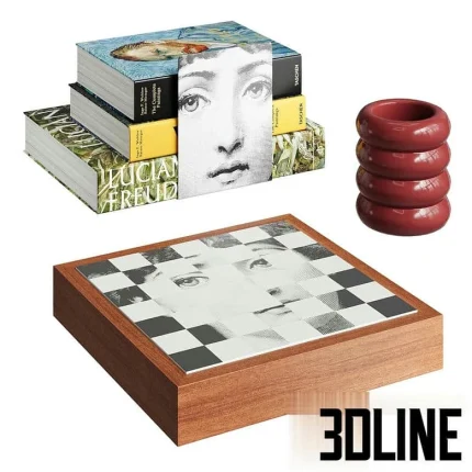 High-resolution 3D model of an eclectic decorative set featuring a chrome mushroom lamp, art books, red ceramic rings, and a checkered Fornasetti-style box