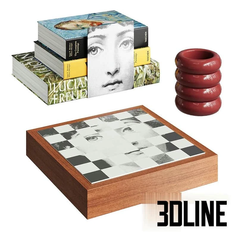 High-resolution 3D model of an eclectic decorative set featuring a chrome mushroom lamp, art books, red ceramic rings, and a checkered Fornasetti-style box