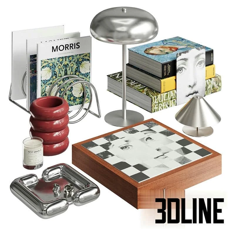 High-resolution 3D model of an eclectic decorative set featuring a chrome mushroom lamp, art books, red ceramic rings, and a checkered Fornasetti-style box