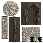 Set of four 3D modeled abstract wall art pieces featuring white, glossy sculptural reliefs resembling draped or crumpled fabric on various panel shapes (circular, rectangular, arched).