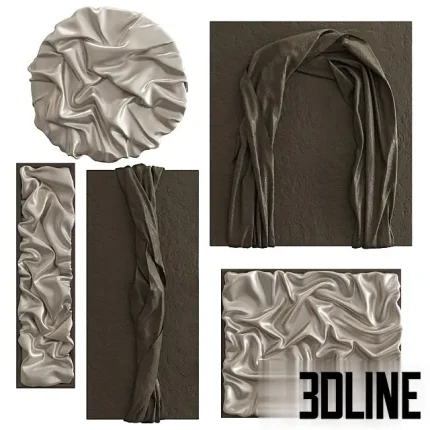 Set of four 3D modeled abstract wall art pieces featuring white, glossy sculptural reliefs resembling draped or crumpled fabric on various panel shapes (circular, rectangular, arched).