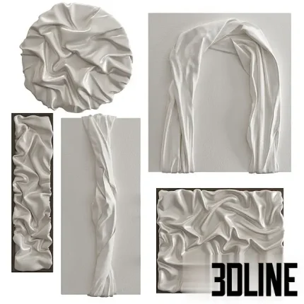 Set of four 3D modeled abstract wall art pieces featuring white, glossy sculptural reliefs resembling draped or crumpled fabric on various panel shapes (circular, rectangular, arched).