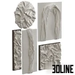 Set of four 3D modeled abstract wall art pieces featuring white, glossy sculptural reliefs resembling draped or crumpled fabric on various panel shapes (circular, rectangular, arched).