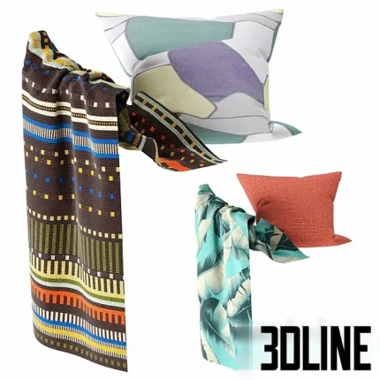 Detailed 3D model set of sofa accessories including two patterned throw pillows (geometric, solid orange) and two draped patterned cloth blankets (striped, tropical leaf print).