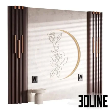 3D model of a decorative wall panel design featuring a large central backlit circle with a rose line-drawing, flanked by dark vertical slats with copper accents and a small stone side table.