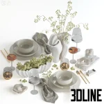 Detailed 3D model of a neutral table setting for two, including white ceramic plates and bowls, gold flatware, wine glasses, napkins, and a bowl filled with green grapes.