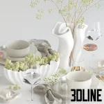 Detailed 3D model of a neutral table setting for two, including white ceramic plates and bowls, gold flatware, wine glasses, napkins, and a bowl filled with green grapes.