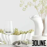Detailed 3D model of a neutral table setting for two, including white ceramic plates and bowls, gold flatware, wine glasses, napkins, and a bowl filled with green grapes.
