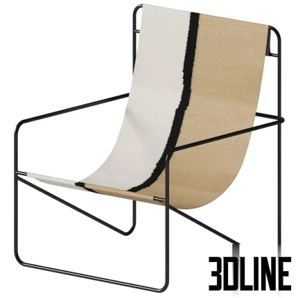 3D model of the Desert Lounge Chair featuring a thin black tubular metal frame and a suspended textile seat with a beige, white, and black "Soil" graphic pattern.