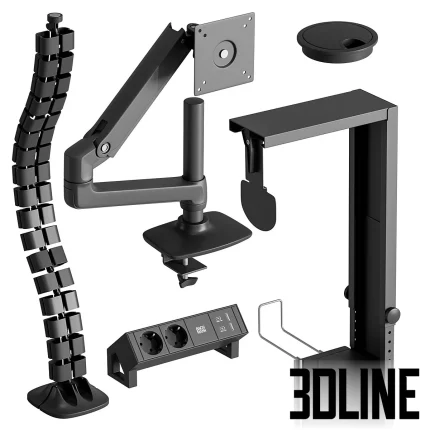 Collection of 3D models for office ergonomics, including an adjustable monitor arm, a vertical cable management spine (snake), a desk-clamp power strip, and a CPU holder, all in matte black.
