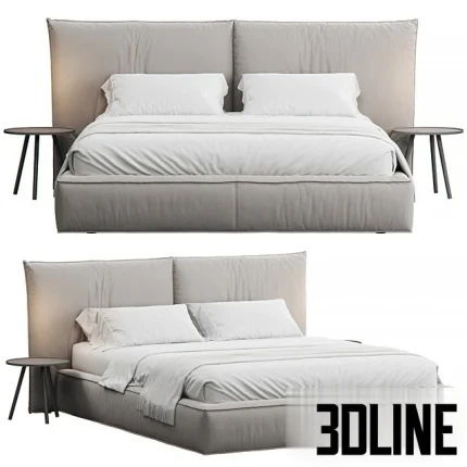 High-quality 3D model of Devina Nais IMBOTTITO upholstered bed with tall, soft headboard and clean white bedding