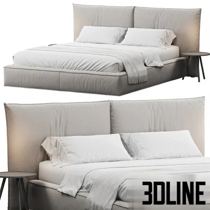 High-quality 3D model of Devina Nais IMBOTTITO upholstered bed with tall, soft headboard and clean white bedding