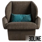 3D model of the Ditre Italia Loto armchair featuring a brown fabric upholstered shell with a high embracing backrest, a solid wood base, and a teal decorative lumbar pillow with a geometric pattern.