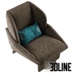 3D model of the Ditre Italia Loto armchair featuring a brown fabric upholstered shell with a high embracing backrest, a solid wood base, and a teal decorative lumbar pillow with a geometric pattern.