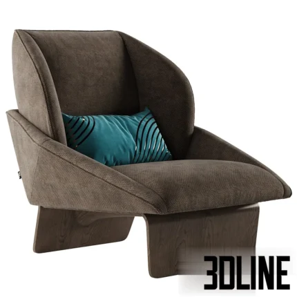 3D model of the Ditre Italia Loto armchair featuring a brown fabric upholstered shell with a high embracing backrest, a solid wood base, and a teal decorative lumbar pillow with a geometric pattern.