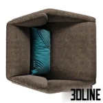 3D model of the Ditre Italia Loto armchair featuring a brown fabric upholstered shell with a high embracing backrest, a solid wood base, and a teal decorative lumbar pillow with a geometric pattern.