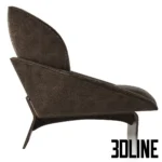 3D model of the Ditre Italia Loto armchair featuring a brown fabric upholstered shell with a high embracing backrest, a solid wood base, and a teal decorative lumbar pillow with a geometric pattern.