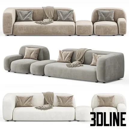 High-quality 3D model of the Divan en Ribble 11 modular sofa featuring soft, rounded shapes in white, grey, and beige fabrics.